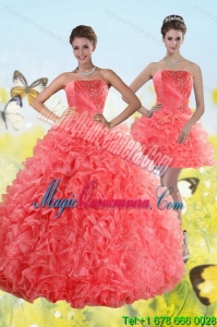 Watermelon Strapless Fashion Quince Dresses with Beading and Ruffles