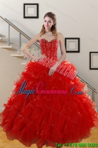 Gorgeous 2015 Sweetheart Red Quince Gowns with Beading and Ruffles