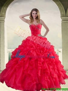 Luxury Red Strapless Quinceanera Dress with Ruffles and Beading