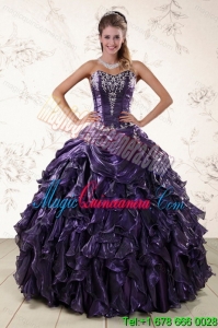 Purple Sweetheart Floor Length Gorgeous Quince Gowns with Embroidery and Ruffles