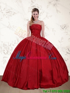 2015 Luxury Strapless Beaded Floor Length Quinceanera Dress in Red