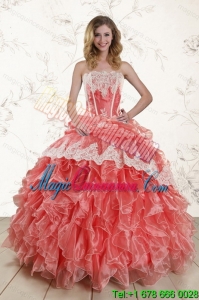 2015 Luxury Watermelon Strapless Quince Dresses with Appliques and Ruffles