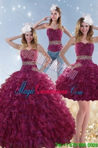 Luxury Burgundy Sweet 15 Dresses with Beading and Ruffles