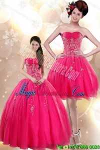 Luxury Strapless Floor Length Quince Dresses with Appliques in Hot Pink