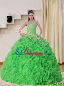 Luxury Strapless Spring Green Quinceanera Dress with Beading and Ruffles