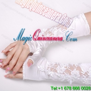Elegant Satin Fingerless Elbow Length Bridal Gloves With Lace Appliques