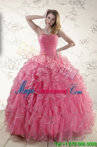 New style 2015 Elegant Rose Pink Quince Dresses with Paillette and Ruffles