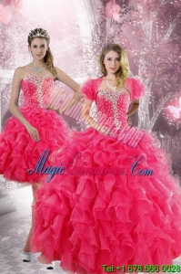 New style 2015 Hot Pink Quinceanera Dresses with Beading and Ruffles