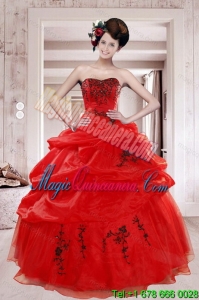 New style 2015 Perfect Red Quinceanera Dresses with Appliques and Pick Ups
