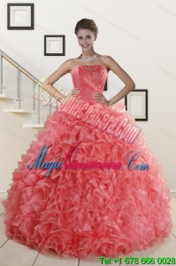 New style 2015 Popular Watermelon Red Quince Dresses with Beading and Ruffles