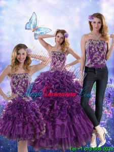 New style and Fantastic Purple Strapless Quince Dresses with Appliques and Ruffles for 2015