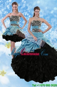 New style and Zebra Print Multi Color Strapless Quince Dresses with Ruffles and Pick Ups