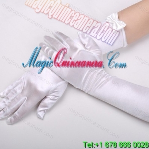 Satin Elbow Length Fingertips Bridal Gloves With Bow