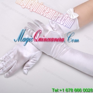 Satin Elbow Length Fingertips Bridal Gloves With Bow