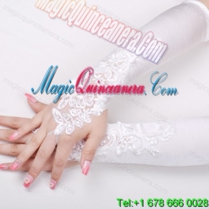 Satin Fingerless Elbow Length Bridal Gloves With Beading And Appliques
