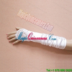 Satin Fingerless Elbow Length Bridal Gloves With Beading And Ruching