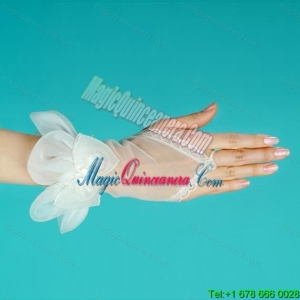 Tulle Fingerless Wrist Length Bridal Gloves With Hand Made Flower