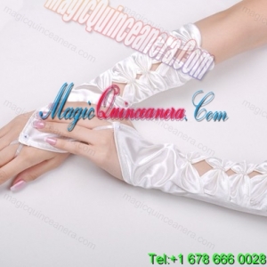 Unique Satin Fingerless Elbow Length Bridal Gloves With Butterfly-Shaped Flowers