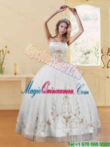 2015 New Style Strapless Embroidery White and Gold Dresses for Quinceanera