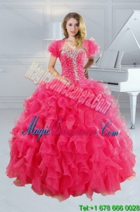 2015 Popular and Unique Hot Pink Quince Dresses with Ruffles and Beading