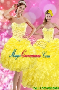 New style 2015 Sweetheart Yellow Sweet 15 Dresses with Beading and Ruffles
