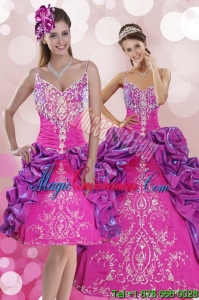 New style Multi Color Sweep Train 2015 Quince Dresses with Pick Ups and Embroidery