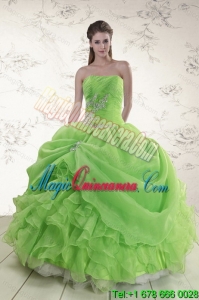 New style Spring Green Strapless Sweet 15 Dresses with Ruffles and Beading
