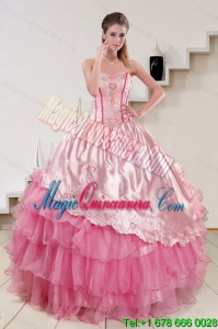 Popular Strapless Pink 2015 Cute Quinceanera Dresses with Embroidery and Ruffles