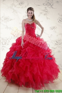Popular and Classical Red 2015 Quince Dresses with Ruffles and Beading
