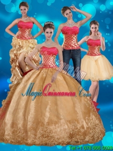 2015 Gold Strapless Sweet 15 Quince Dress with Beading and Embroidery