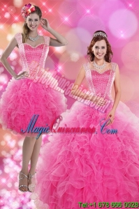 2015 Popular and Wonderful Hot Pink Quinceanera Dresses with Beading and Ruffles