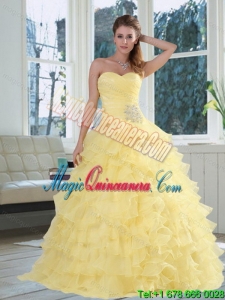 2015 Yellow Sweetheart Sweet 15 Quinceanera Dress with Beading and Ruffled Layers
