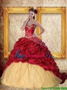 Brand New 2015 Popular Wine Red Brush Train Quinceanera Dress with Sweetheart