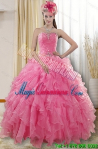 2015 Pretty Rose Pink Sweet 15 Quinceanera Dresses with Ruffles and Beading