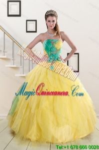 Popular 2015 Strapless Yellow and Green Sweet 15 Dresses with Ruching