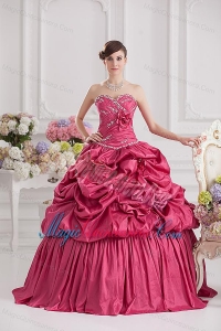 2014 Spring Ball Gown Sweetheart Hand Made Flowers Beading Pick-ups Quinceanera Dress in Red