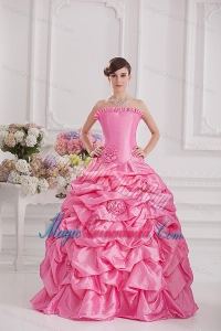 Ball Gown Strapless Pick-ups Rose Pink Quinceanera Dress with Hand Made Flowers