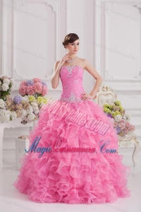 Ball Gown Sweetheart Organza Beading Ruffles Rose Pink Quinceanera Dress