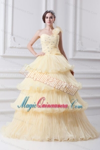 Beautiful A-line One Shoulder Beading and Ruffled Layers Quinceanera Dress in Light Yellow