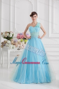 Beautiful A-line One Shoulder Ruching and Beading Aqua Blue Quinceanera Dress