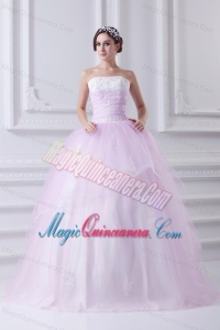 Cute Ball Gown Strapless Beading and Appliques Tulle Baby Pink Quinceanera Dress