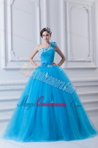 Princess One Shoulder Appliques Sky Blue 2014 Quinceanera Dress