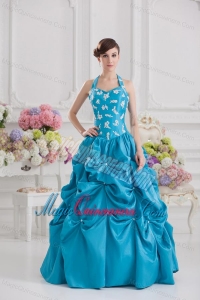 Princess Taffeta Appliques Ruffles Teal Quinceanera Dress with Halter Top