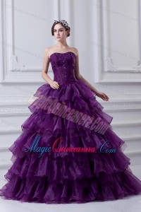 2014 Eggplant Purple Strapless Ball Gown Beading and Embroidery Quinceanera Dress