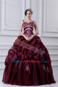 2014 Spaghetti Straps Organza Beading and Appliques Burgundy Quinceanera Dress