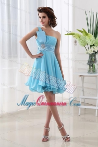 A-line Aqua blue One Shoulder Beading and Ruching Chiffon Dama Dresses