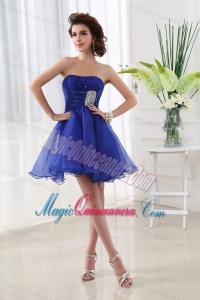 A-line Strapless Beading and Ruching Organza Dama Dresses in Blue