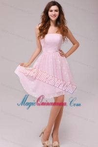 Baby Pink Strapless Knee-length Empire Dama Dresses for Cocktail Party