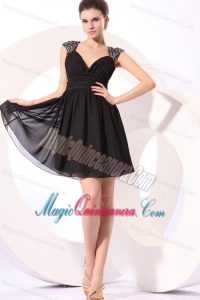 Black Straps Beaded Short Dama Dresses with Mini-length