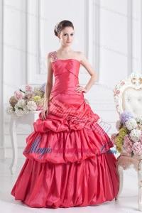 Cheap Coral Red One Shoulder Beading Ball Gown Quinceanera Dress with Pick Ups